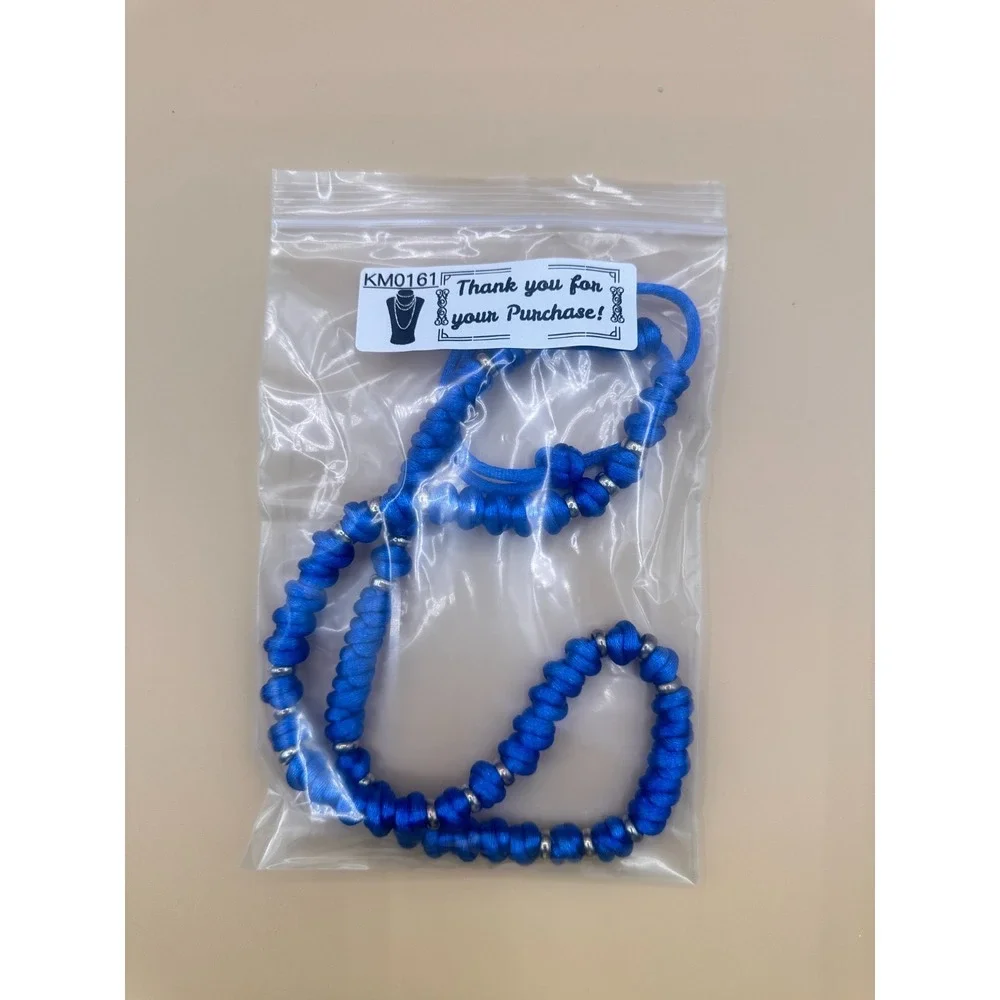 Blue Knotted Cord Necklace Silver Tone Spacer Beads Boho Festival Statement Gift